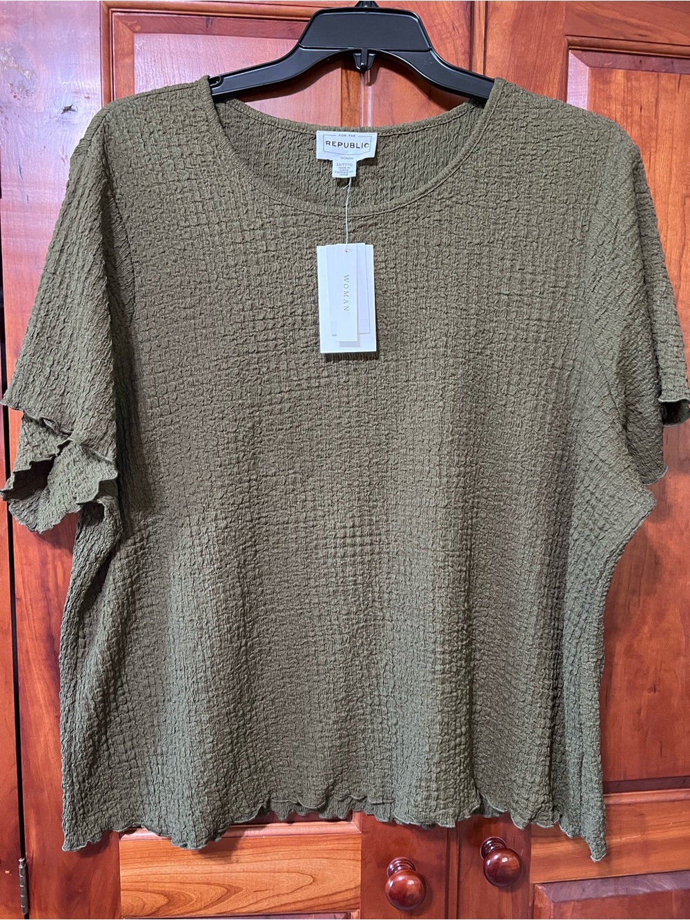 For the Republic Olive Textured Ruffle Sleeve Short Sleeve Top 3X